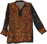 Flowers Tunic Shirt in Black with Color Embroidery [2456]