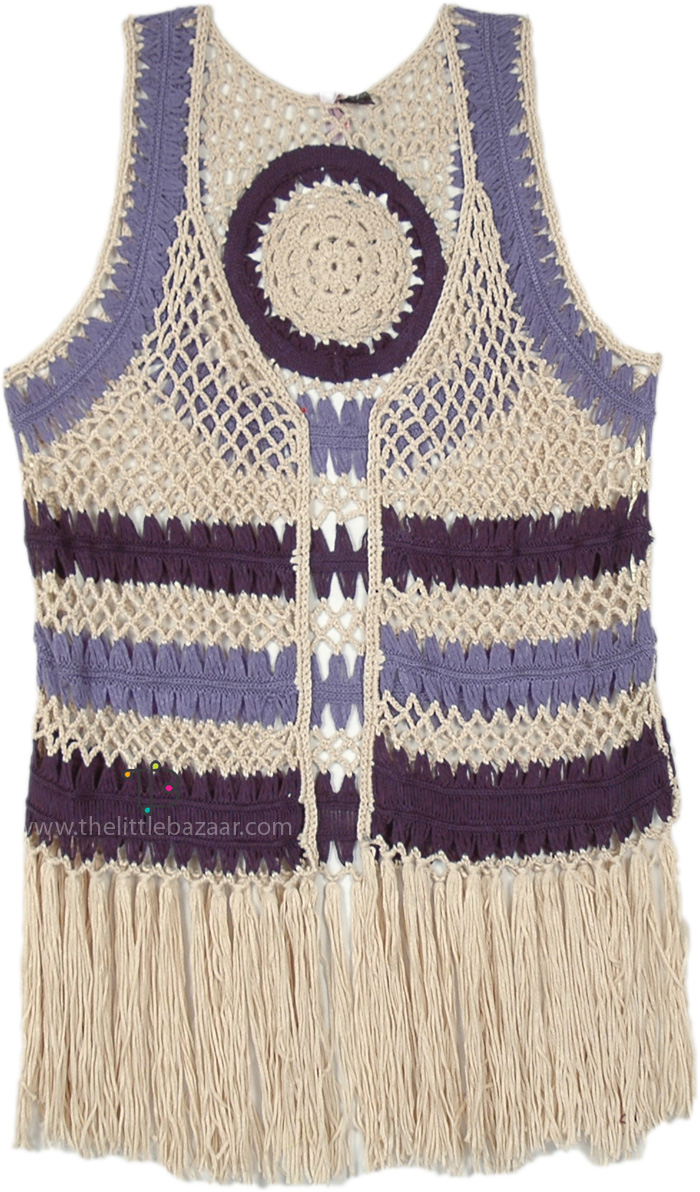 Beige British Blue Vest with Fringes