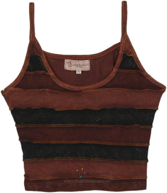Gypsy Cotton Short Top with Brown Stripes, Wood Bark Panels Handmade Cropped Tank Top