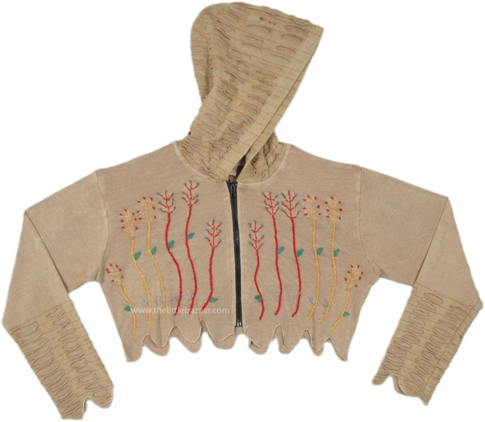 Beige Bohemian Stems Of Life Crop Jacket