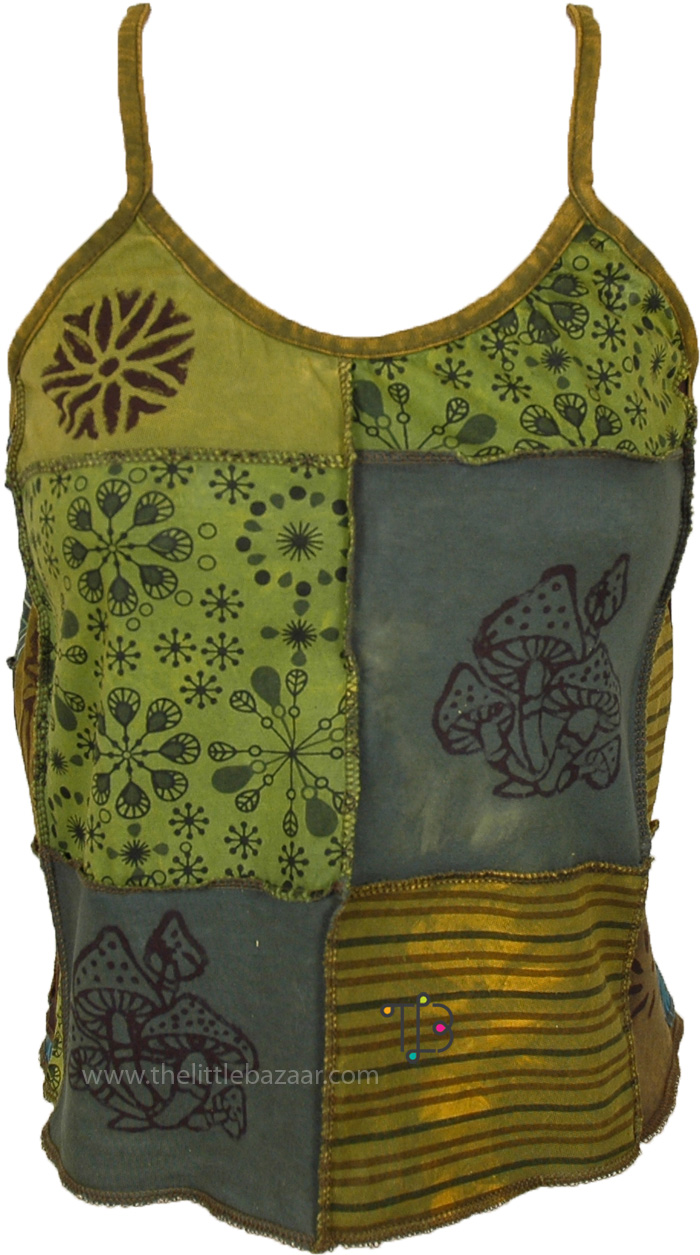 Hippie Shroom Stamps Patchwork Cropped Top | Tunic-Shirt