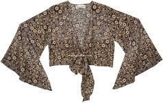 Monochrome Bloom Bell Sleeve Front Tie Crop Top