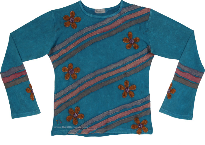 Teal Petal Applique Knit Cotton Womens Top