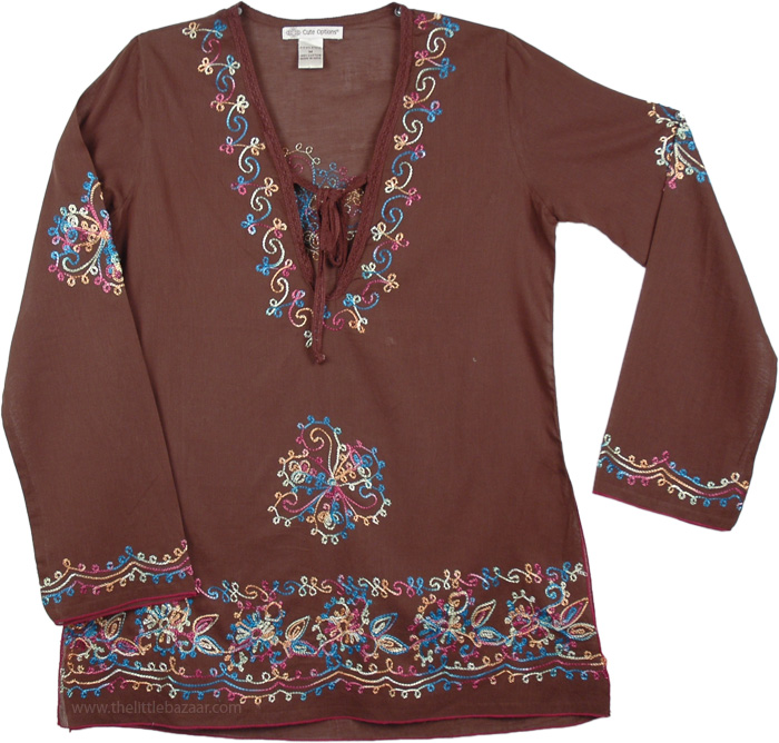 Brown Cotton Tunic with Embroidery, Congo Brown Embroidered Tunic Top