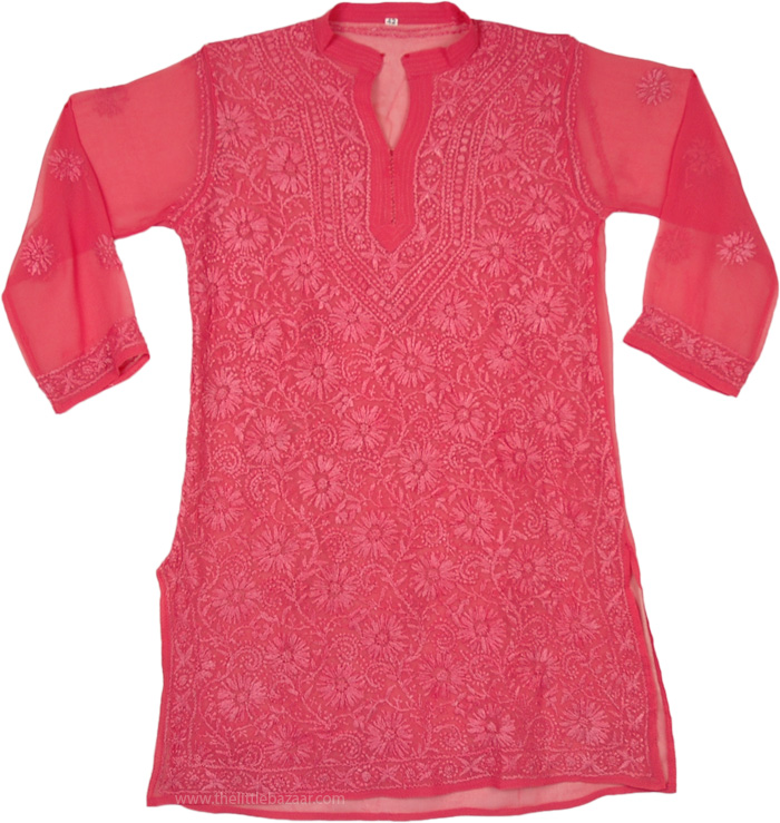 Carnation Pink Sheer Tunic Shirt with Embroidery