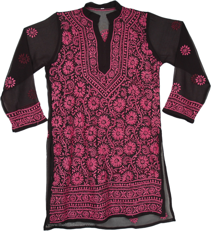 Sheer Black Tunic Top with Cadillac Pink Embroidery
