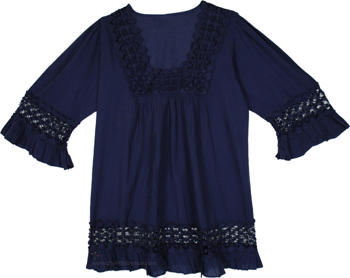 Womens Tunic Shirt In Midnight Navy, Navy Crochet Boho Tunic Cottage Blouse Top