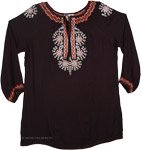 Black Tunic Top with Floral Embroidered [4560]