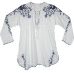White Blue Embroidered Peasant Blouse