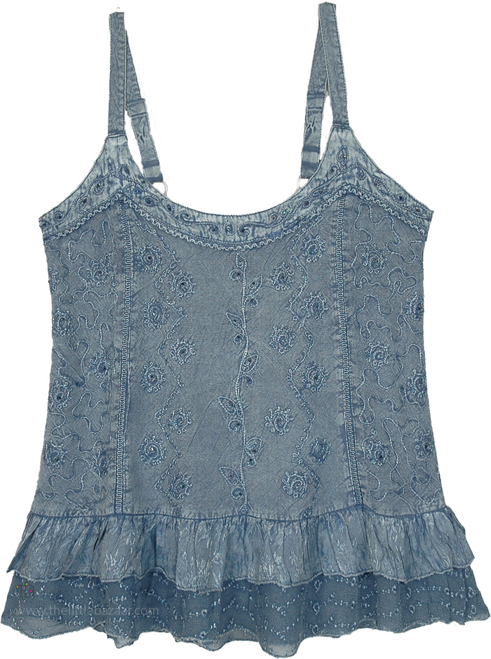 Denim Blue Sequin Embroidered Medieval Tank Top