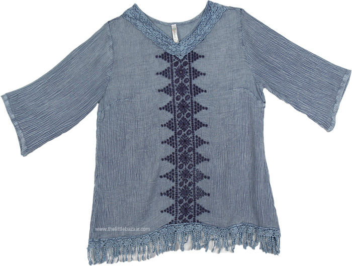 Blue Stone Wash Tunic with Fringe, Acid Wash Tunic Top With Fringe