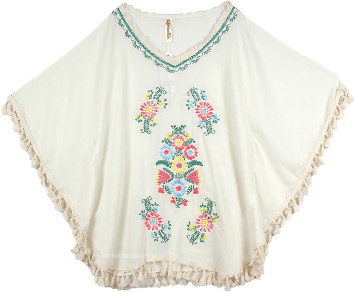 Short Poncho Top in White with Embroidery