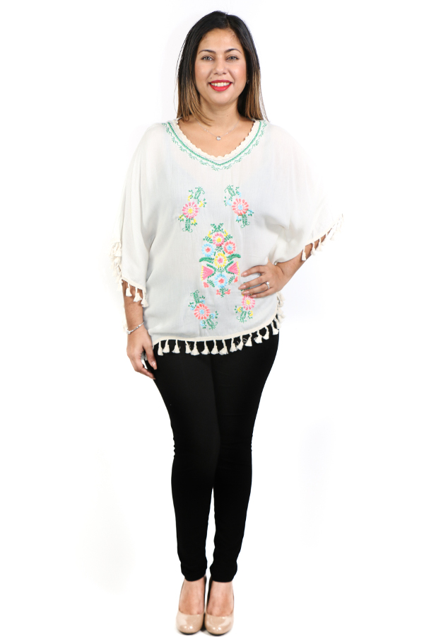 Short Poncho Top in White with Embroidery
