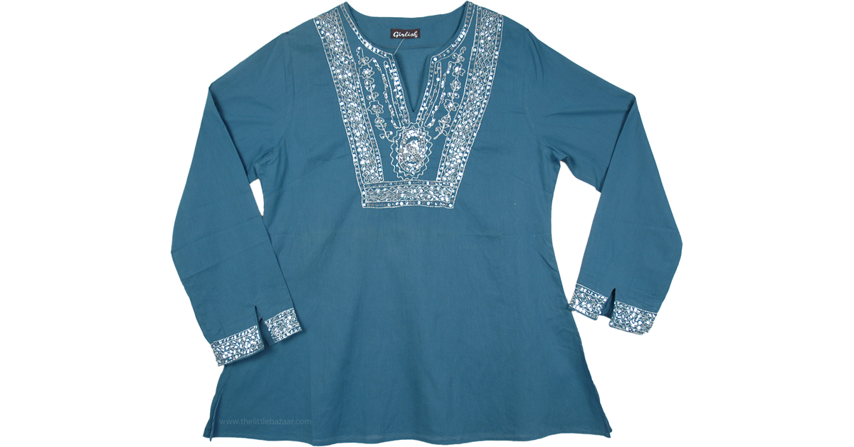 Teal Tunic with Silver Sequins | Tunic-Shirt | Blue | Embroidered ...