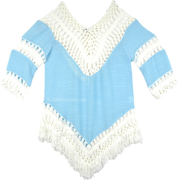 Fringe Boho Crochet Tunic Top in Blue