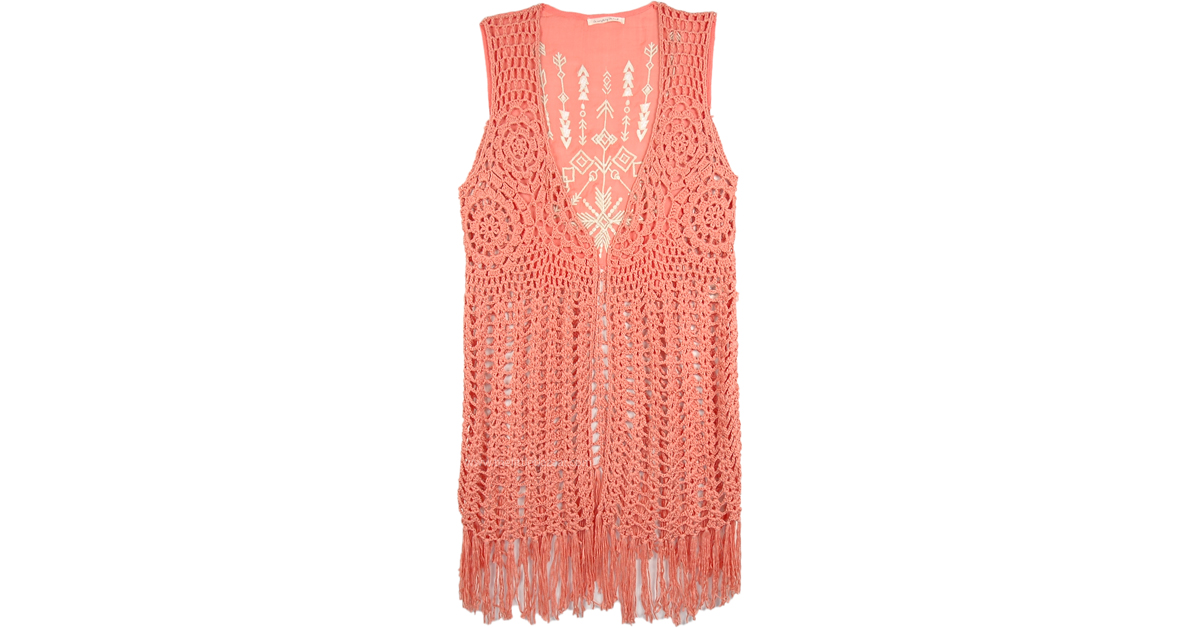 Coral Fringe Vest in Knit Crochet Boho Style TunicShirt Orange