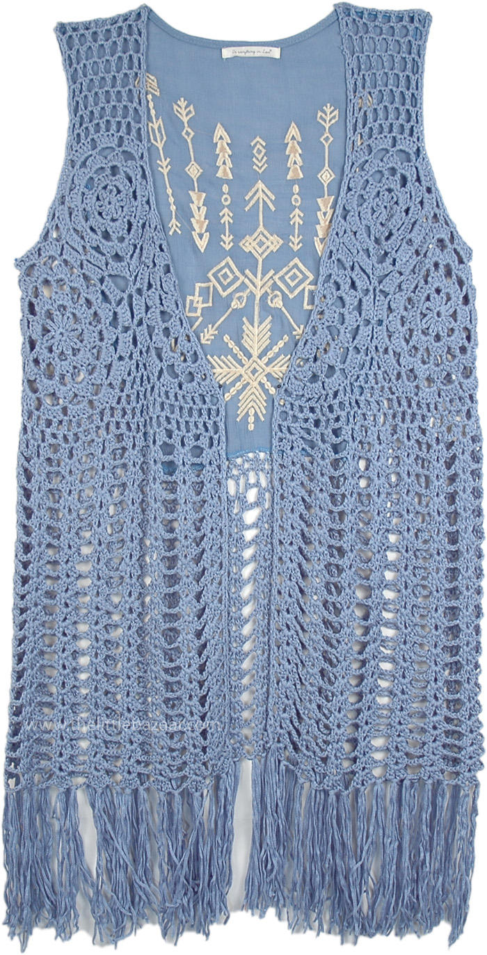 Kashmir Blue Fringe Crochet Long Sleeveless Vest