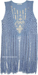 Kashmir Blue Fringe Crochet Long Sleeveless Vest