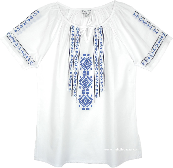 Bright White Tunic Top with Blue Cross Stitch Embroidery