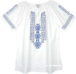 Bright White Tunic Top Blue Embroidered [4805]