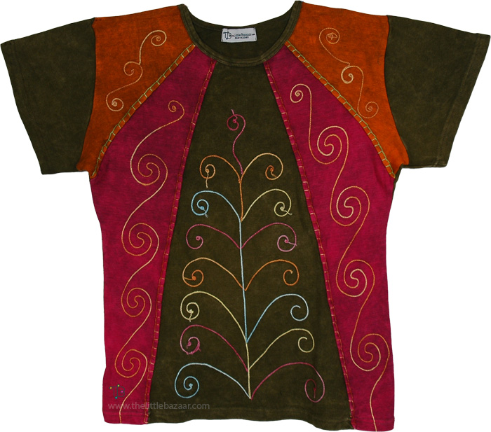 Crimson Earth Embroidered Panel Boho T-Shirt