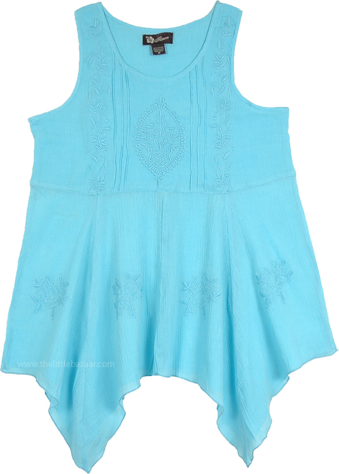 Asymmetrical Top with Embroidery in Sky Blue, Malibu Blue Embroidered Asymmetrical Hem Top