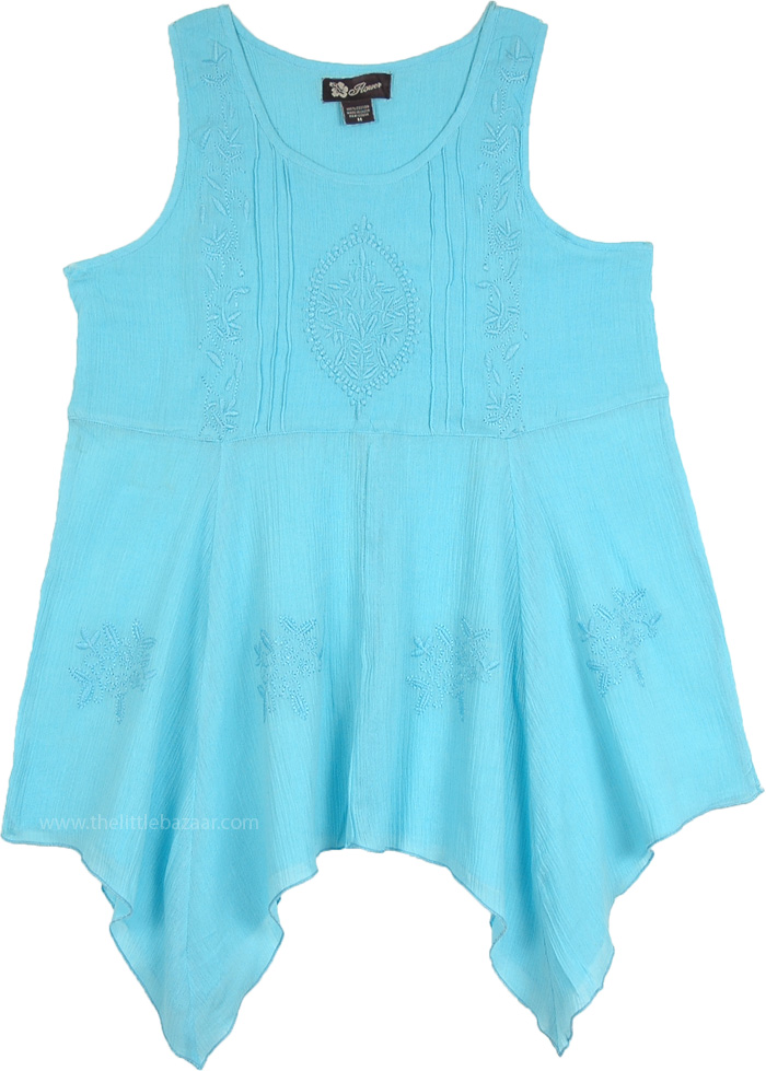 Malibu Blue Embroidered Sleeveless Asymmetrical Hem Top