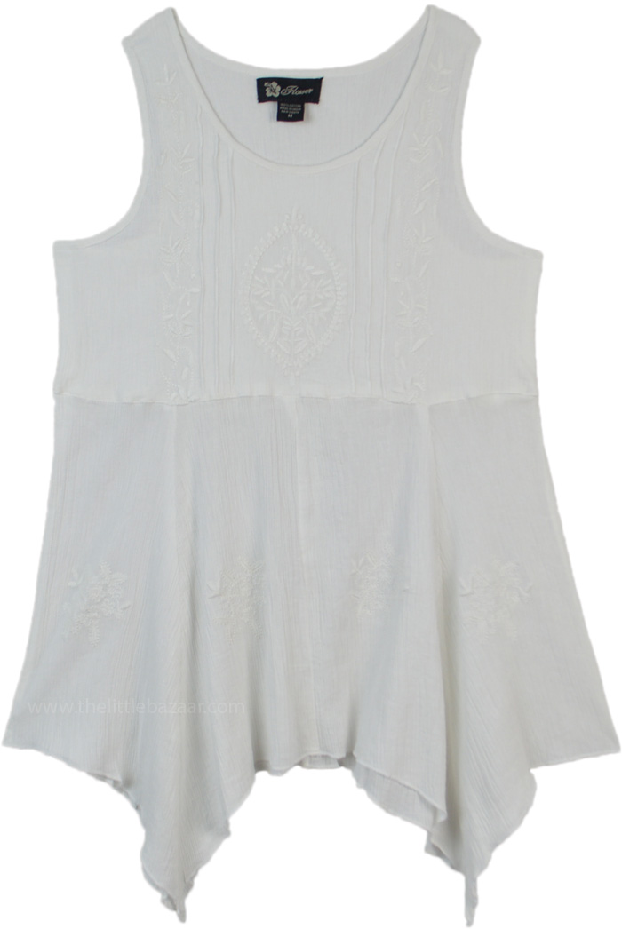 Snow White Asymmetrical Hem Sleeveless Top with Embroidery | Tunic ...