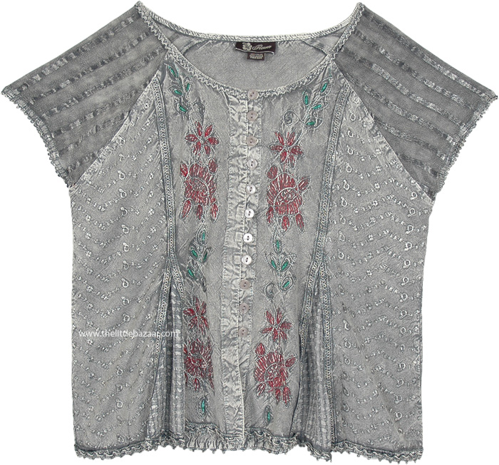 Steel Grey Medieval Style Short Top with Embroidery | Tunic-Shirt ...