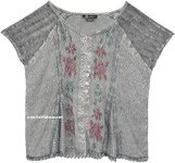 Steel Grey Medieval Style Short Top with Embroidery