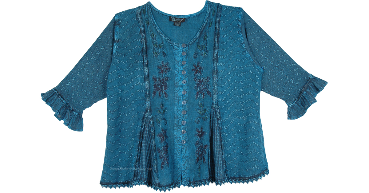 Embroidered Medieval Vintage Sleeve Top in Elm Blue | Tunic-Shirt ...