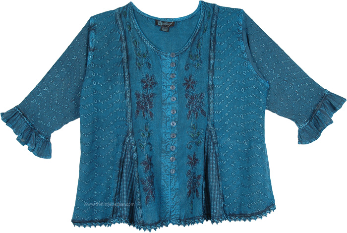 Embroidered Medieval Vintage Sleeve Top in Elm Blue | Tunic-Shirt ...