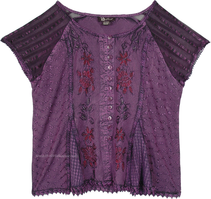 Purple Medieval Style Short Top with Embroidery