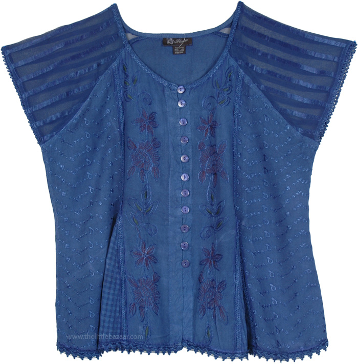 Decorous Fine Embroidery Blue Short Top