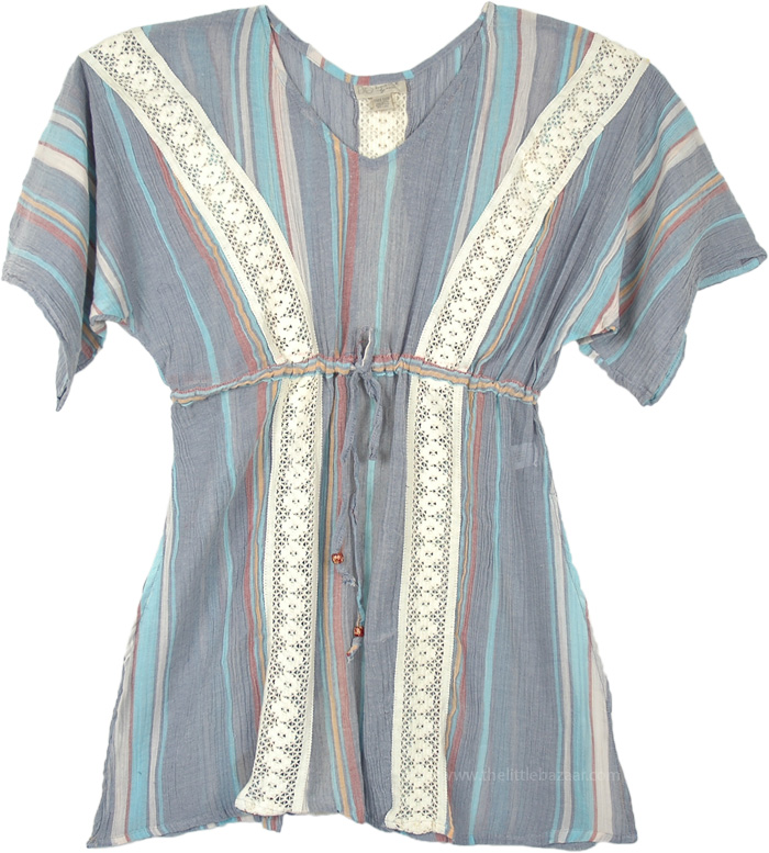 Cotton Voile Beach Short Kaftan Top with Tie-Up Waist