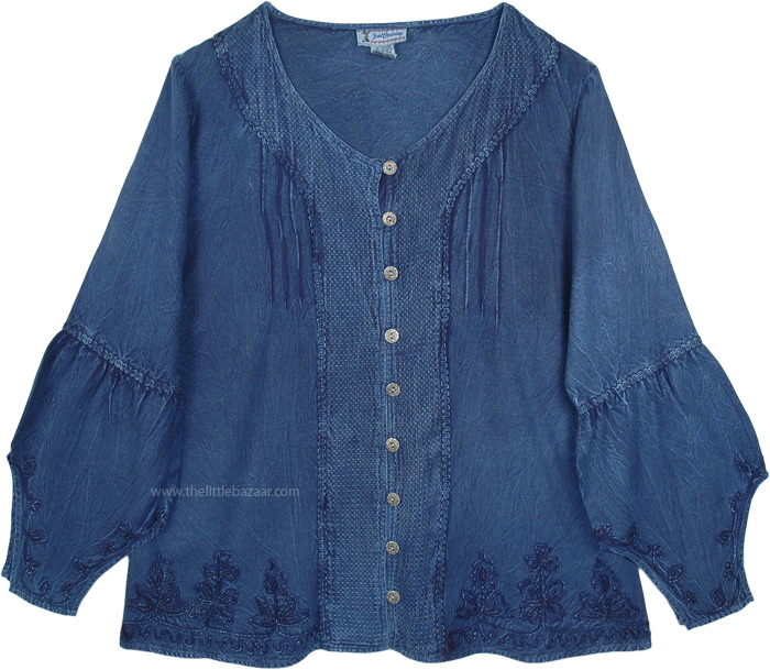 Blue Denim Medieval Western Shirt Top with Embroidery