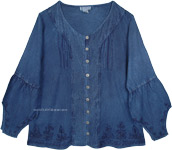 Blue Denim Medieval Western Shirt Top with Embroidery