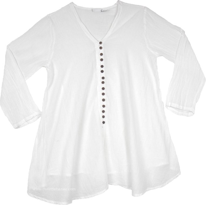 Semi Sheer Pure White Cotton Tunic Top with Buttons
