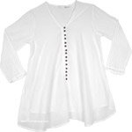 Semi Sheer Pure White Cotton Tunic Top with Buttons