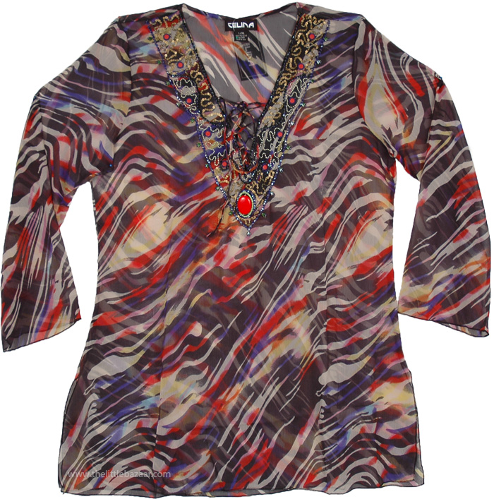 Sale:$14.99 Sheer Tunic Top with Abstract Waves and Boho Neckline ...