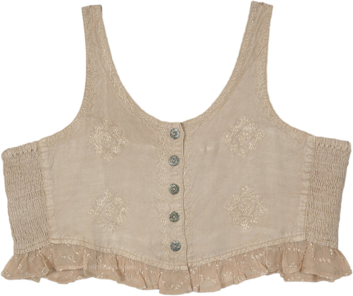 Cream Dollop Buttoned Frilled Boho Crop Top