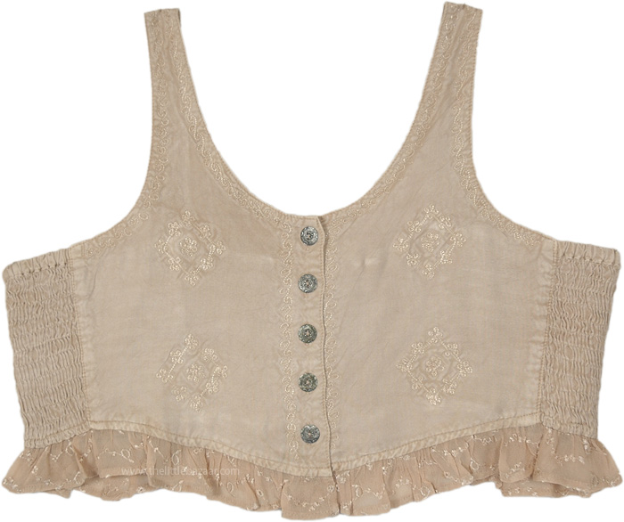 Cream Dollop Buttoned Frilled Boho Crop Top | Tunic-Shirt | Beige ...