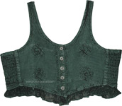 Royal Green Buttoned Frilled Boho Crop Top