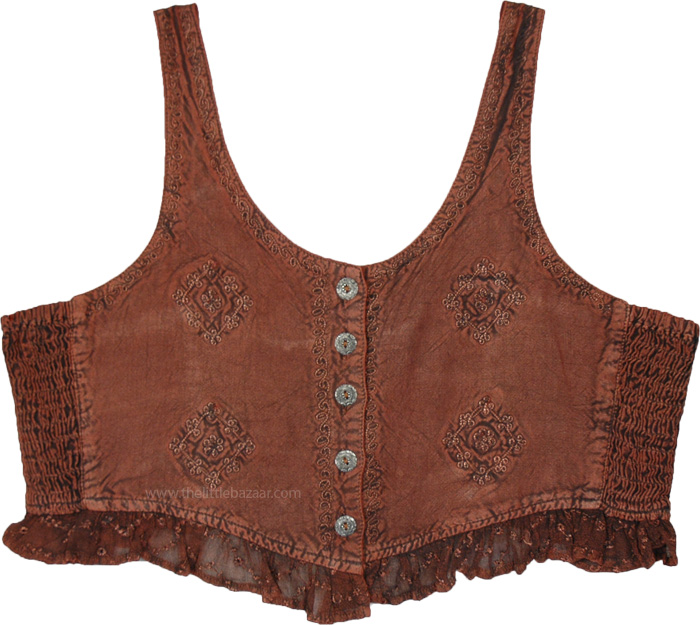 Brown Bask Buttoned Frilled Boho Crop Top