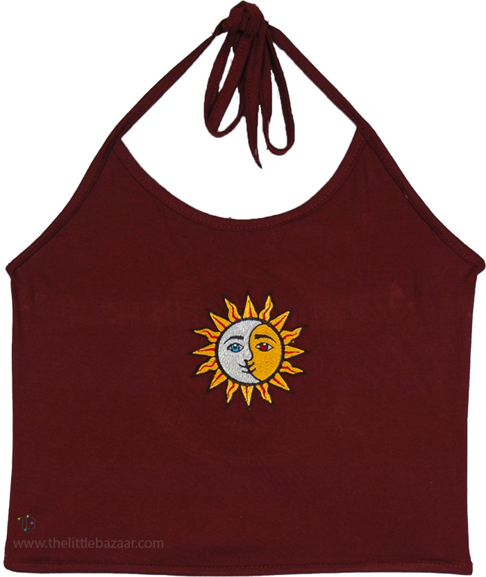 Summer Crop Top with Sun Sign, Mystical Cosmos Boho Halter Crop Top