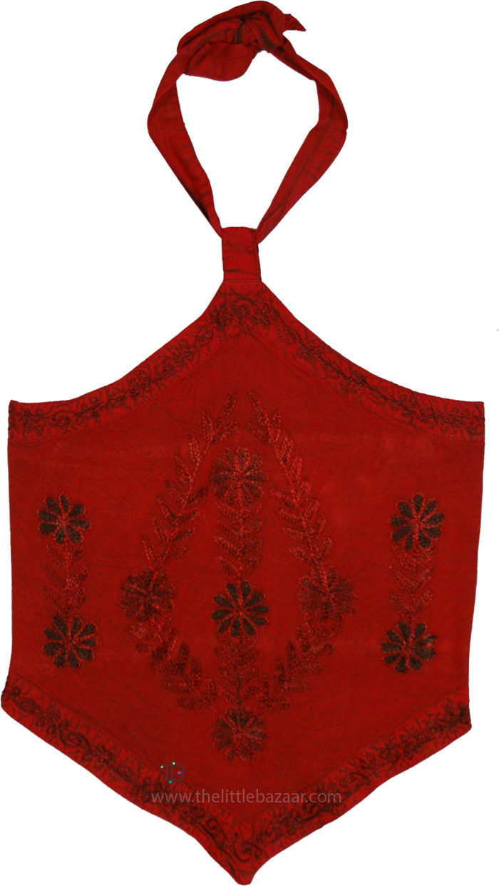 Tamarillo Floral Embroidery Hanky Hem Halter Top