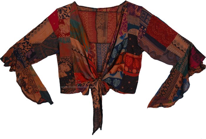 Burgundy Patchwork Bell Sleeves Top with Front Tie