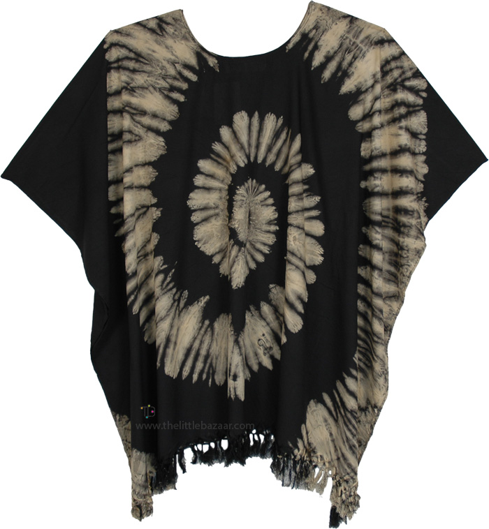 Black Cream Tie Dye Boho Poncho Tunic Top