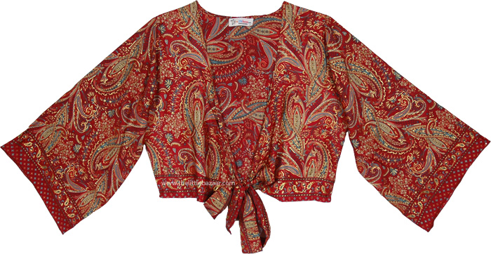Ruby Paisley Metallic Accent Front Tie Crop Top