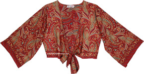 Ruby Paisley Metallic Accent Front Tie Crop Top